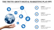 Digital marketing slide showing a globe held by a hand, with blue networked icons and four numbered captions on the side.
