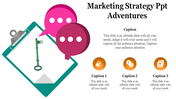 Marketing layout with a teal clipboard featuring a green key, two pink speech bubbles, and three orange icons for captions.