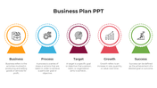 Five step business plan slide highlighting business, process, target, growth, and success with icons and descriptions.