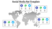 Social media template featuring a gray map background and four speech bubbles with platform icons and data points.
