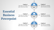 Slide with three numbered blue circles and six captions aligned on both sides of a vertical line.