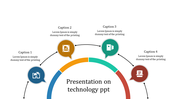 Circular infographic with four icons and captions linked to a semicircular arc in blue, orange, green, and red.