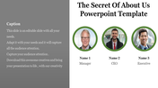 About Us PowerPoint template featuring three professional portraits with names and titles with a caption.