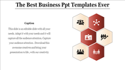Business PowerPoint slide with hexagonal icons representing team collaboration, analysis, and growth with a caption.