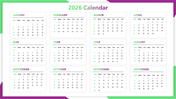 PowerPoint Calendar Slide showing 2026 full-year layout with green month cards, clear date grids, clean design.