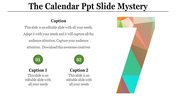 Slide with a geometric multicolor number 7, descriptive text, and two green circular icons labeled 01 and 02.