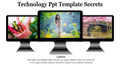 Technology slide with three monitors showing diverse images: flowers, a portrait, and a scenic bridge.