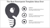 Creative design featuring a gray light bulb outline with inner head illustration, and three captions on the right.