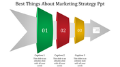Marketing strategy slide featuring a horizontal arrow design with three numbered sections and with caption areas.