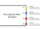 Business agenda slide showing a  line connecting numbered icons in yellow, blue, red, and brown, each  with caption areas.