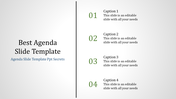 Agenda slide split into two sections, left with title text and right with a numbered vertical list of four captions.