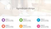 Agenda PPT design slide featuring colorful icons and caption sections with a background image.