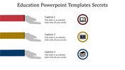 Education slide with red, yellow, and blue hands pointing to circular icons of book, board, and stack of books.