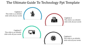 Technology PPT slide with four icons representing a robot, printer, computer, and microchip, each with placeholder captions.
