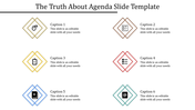 Slide with six diamond shaped outlines in gold, brown, yellow, red, blue, and teal, each containing icons and captions.