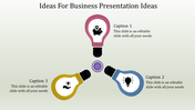 Slide with three colorful lightbulb icons in pink, blue, and yellow, each labeled with captions around a central circle.