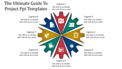 Project template diagram featuring eight colored ribbons with icons and captions arranged around a central icon.