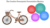 Slide with a brown bicycle featuring a flower basket and four colorful caption circles in red, green, blue, and purple.