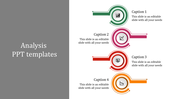 Slide featuring green, pink, red, and orange circular graphics with icons and captions on a white background.