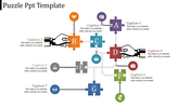 Puzzle themed PowerPoint slide with hands placing pieces, each containing icons and captions.