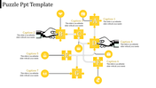 Visual representation of a process using yellow puzzle pieces connected by dotted lines, with icons and captions areas.
