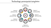 Technology PowerPoint template featuring eight gear icons, each with a caption for various tech topics.