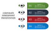 Corporate-themed slide displaying numbered sections from 1 to 4 with descriptive captions and business-related icons.