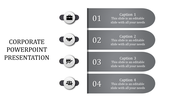 Corporate slide with four horizontal gray segments, each paired with numbered icons and captions.