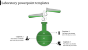 Laboratory themed PowerPoint template featuring a green chemistry flask, pipettes, and captions with science icons.