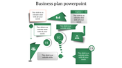 Business presentation design with a mix of geometric shapes in green tones, including numbered circular icons.
