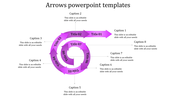 Circular PowerPoint template with eight purple arrows, each labeled with a title, and accompanied by captions for each step.