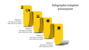 Vertical yellow ribbon layout with curved ends, featuring four icons and captions at each step on a white background.