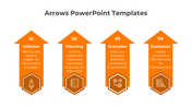 Four orange arrows pointing upward with hexagon icons at the base and evenly spaced on a white background.