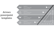 Arrow infographic with four gray segments, icons, captions, and numbered points ending near a triangular ruler graphic.