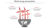 Wind energy infographic featuring four red wind turbines on a gray globe base, with numbered captions linked to each turbine.