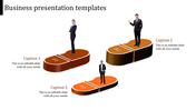 Business slide with three orange and brown segmented platforms showcasing professionals and captions.