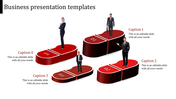 Red-themed business  slide with four stepped platforms, each labeled and hosting a professional figure.