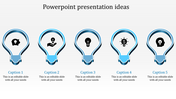 Minimal design of five stylized lightbulbs in varying blue tones, each housing a black idea-related symbol.