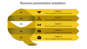 Business presentation template with five numbered sections and icons for various processes and objectives.