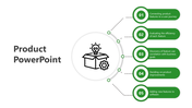 Product PowerPoint slide with five steps, each representing stages of evaluating product features with green icons.