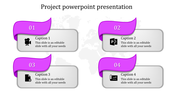Business layout with four numbered steps, each in a gray box with a purple ribbon header and associated icons.
