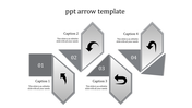Arrow template with five gray and silver arrow-shaped boxes showing numbered steps placed in white backdrop.