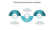 Teal themed timeline presentation template featuring three steps from 2017 to 2019 with captions.
