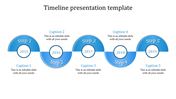 Blue timeline infographic showing five steps from 2015 to 2019, with circular milestone markers and captions areas.