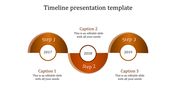 Curved timeline template featuring brown gradient-filled semi-circular steps, showing years 2017 to 2019 with caption areas.