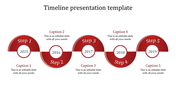 Five-step red timeline infographic showing years 2015 to 2019, with alternating semicircle designs and captions.