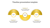 Yellow semi circular timeline with three steps labeled 2017, 2018, and 2019, featuring captions on a white background.