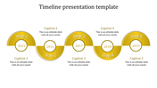 Timeline template with semi circular yellow segments for steps, labeled with years 2015 to 2019, and captions.