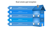 Real estate PPT slide with a house and five sections representing different stages or concepts in real estate with caption.