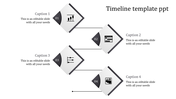 Timeline PPT template with four icons in black and gray representing a graph, calendar, slider, and team with captions.